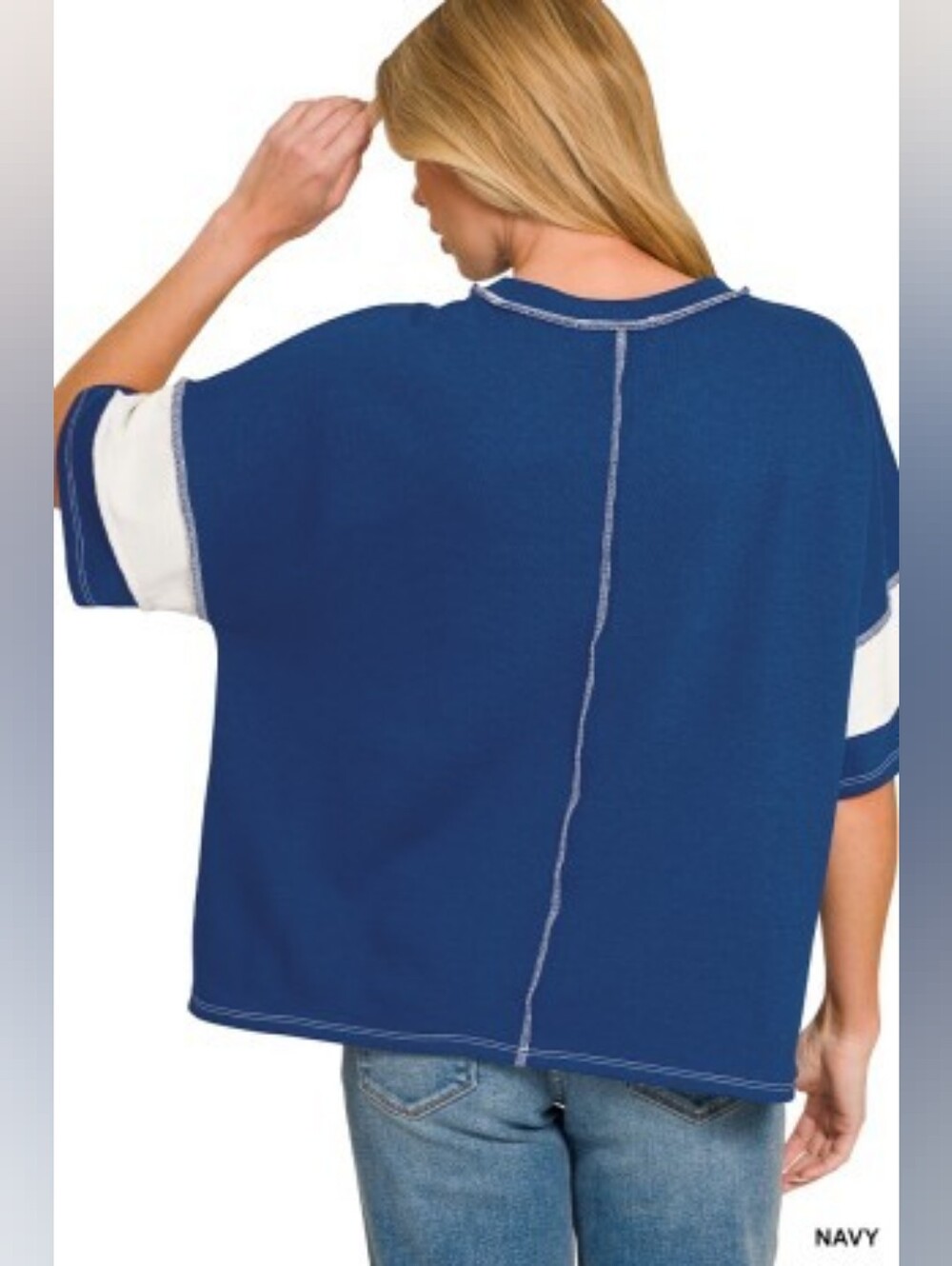 Zenana French Terry Striped Exposed Seam Top-Blue & White - Picture 2 of 5